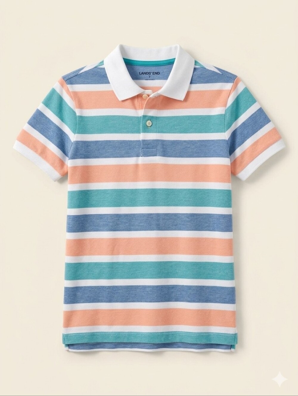 Lands' End Boys' Striped Polo Shirt in Coral, Aqua & Blue Sz 8